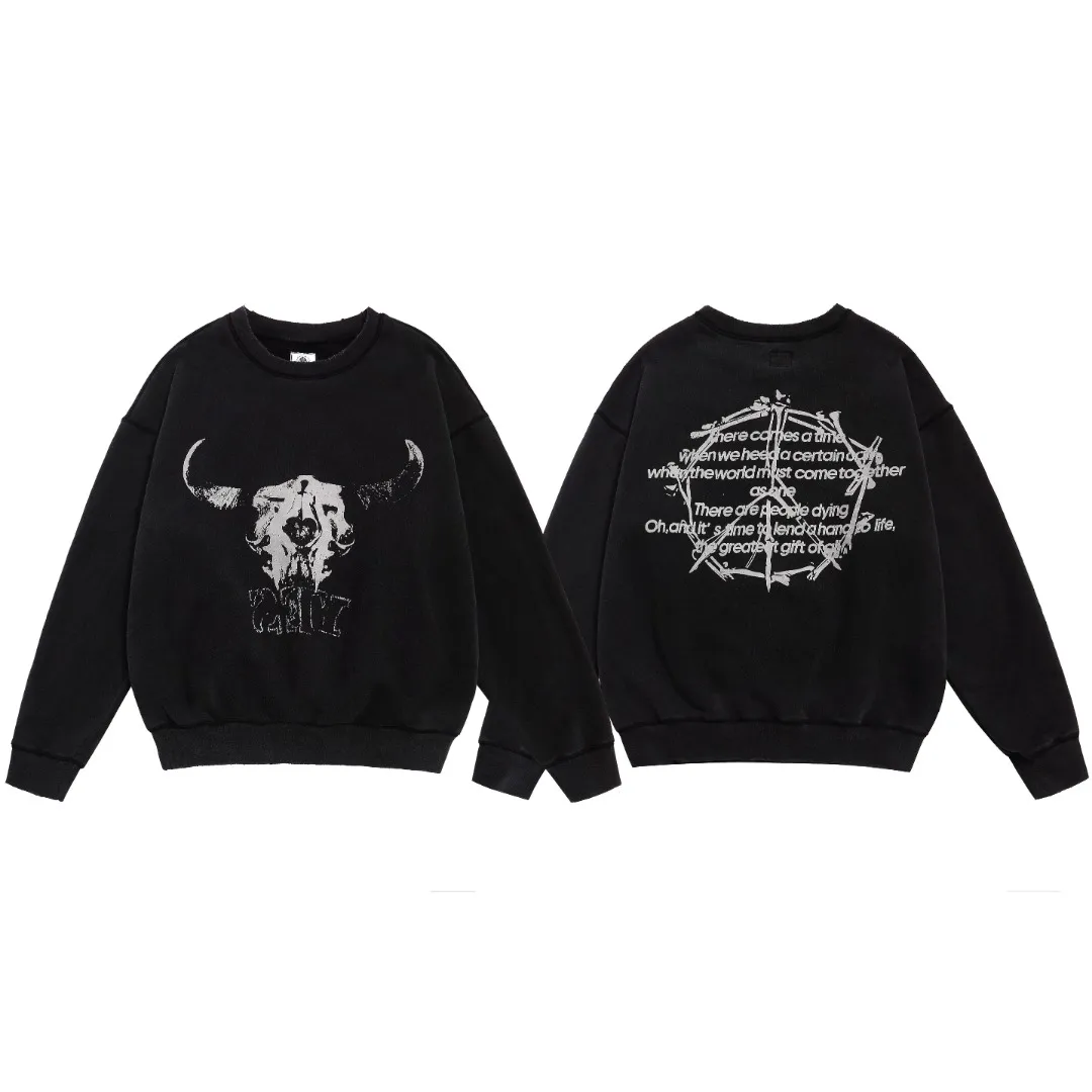 saint michael American devil print retro washed and distressed loose round neck pullover plus velvet long-sleeved sweatshirt Fabric: 420g Style number: SM619 Size: S-M-L-XL Color: Black Price: P198